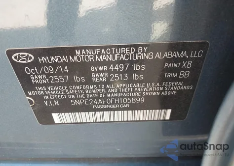 2015 Hyundai Sonata Se from USA, damaged, VIN 5NPE24AF0FH105899